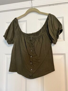 American Eagle Green Crop Peasant Top Button Front Size Small NWT
